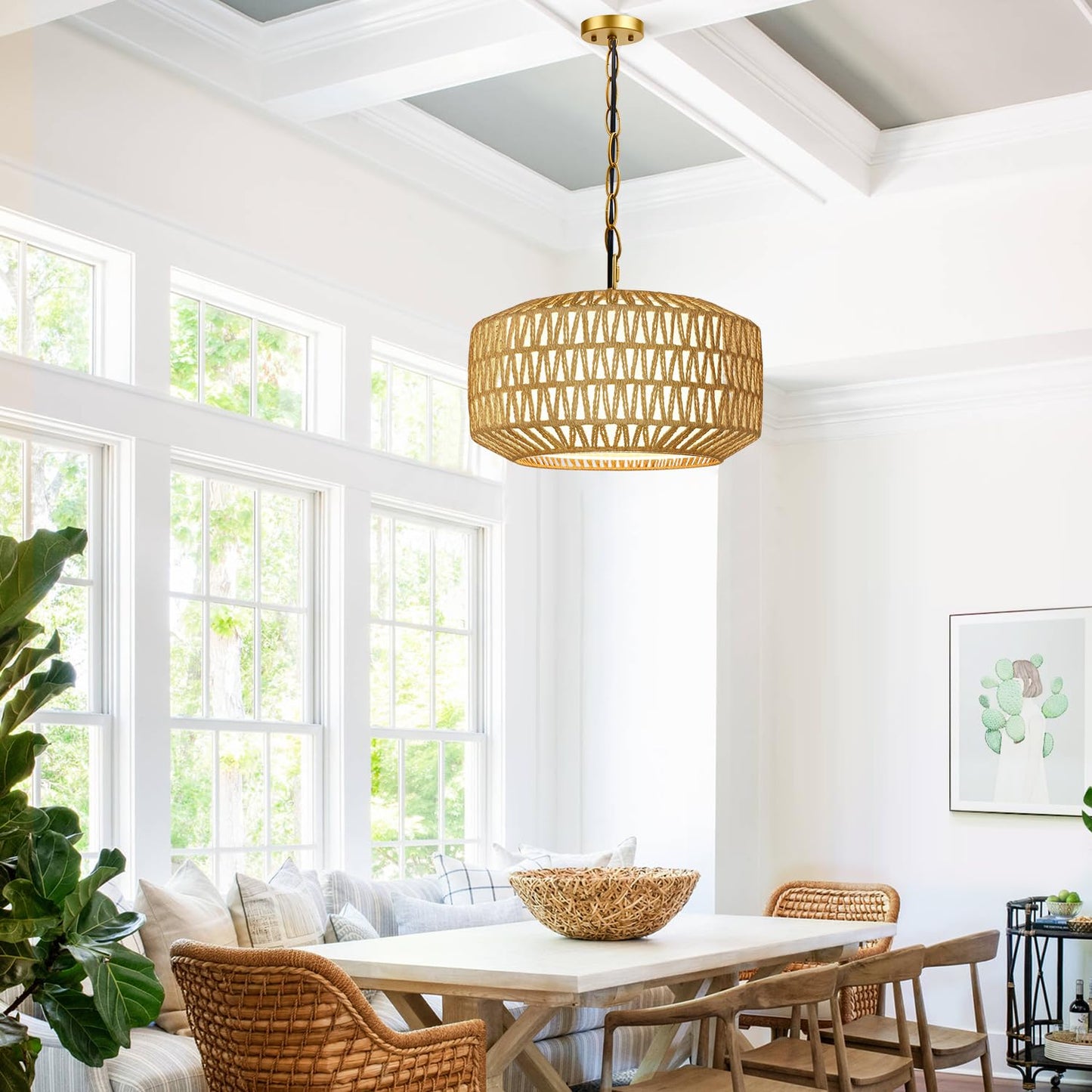 Farmhouse Gold Chandelier Light Fixture  5-Light Rustic Boho Chandeliers With Rattan & Linen Shade  Gold Hanging Lighting For Dining Room  Kitchen Island  Bedroom (Bulbs Not Included)