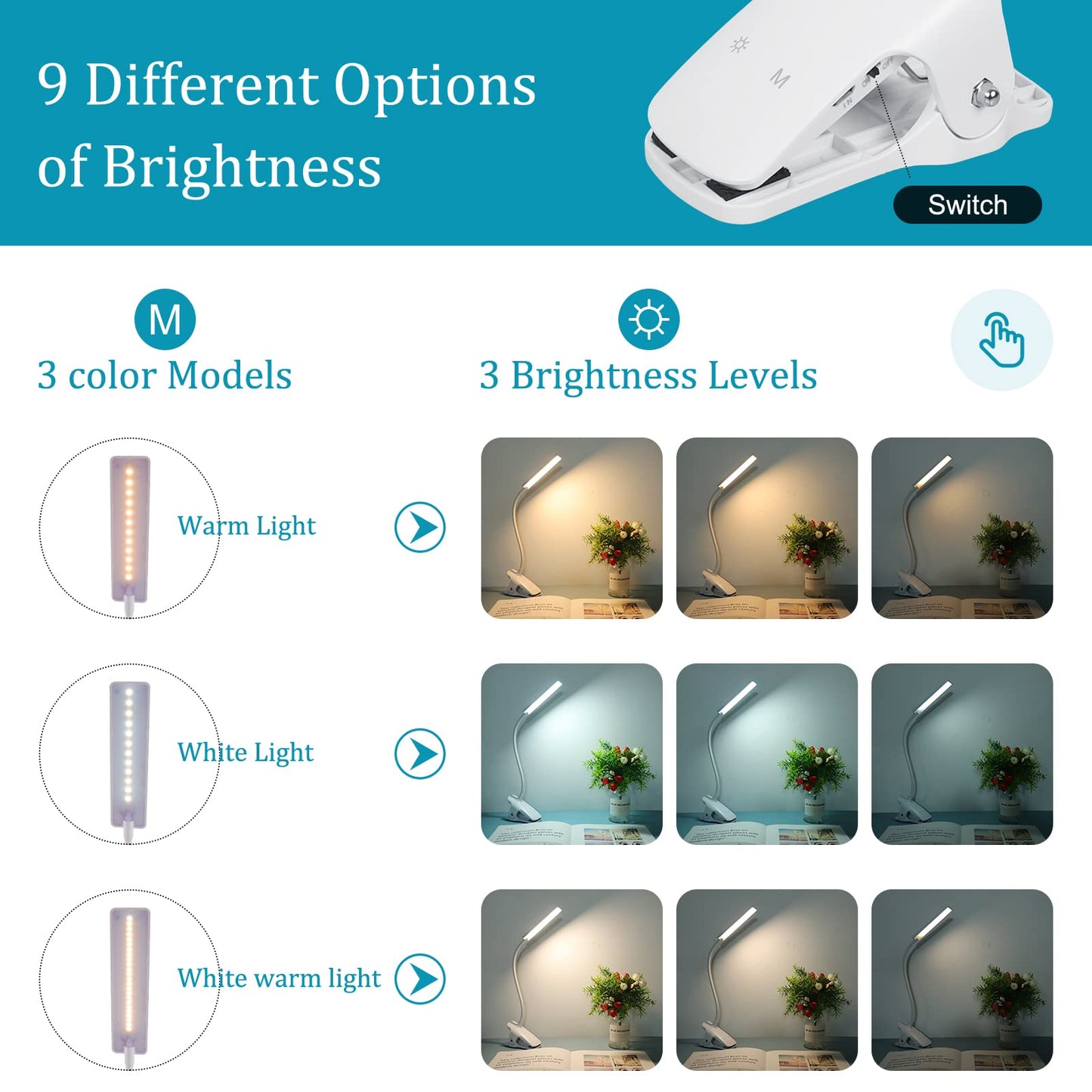 Deaunbr Led Reading Light With Clip, Usb Rechargeable, 24 Leds, Flexible Neck, White, Model Ws0030-00
