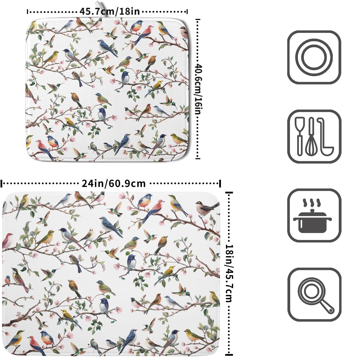 Floral Bird Dish Drying Mat for Kitchen Counter 16x18 Inch Spring Summer Bird Branch Flower Absorbent Reversible Microfiber Dish Pad Dish Drainer Rack Mats Countertops Protector Mat