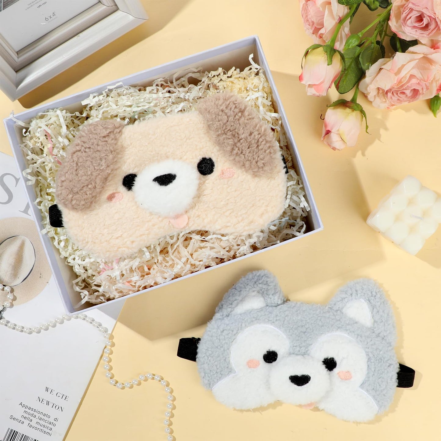NEWEST 2 Pcs Cute Plush Dog Sleeping Masks, Soft Puppy Eye Cover for Sleeping with Adjustable Elastic Strap, Funny Cartoon Animal Eyeshade Blindfold for Blackout Travel Nap Night Sleep Party Girl Boy