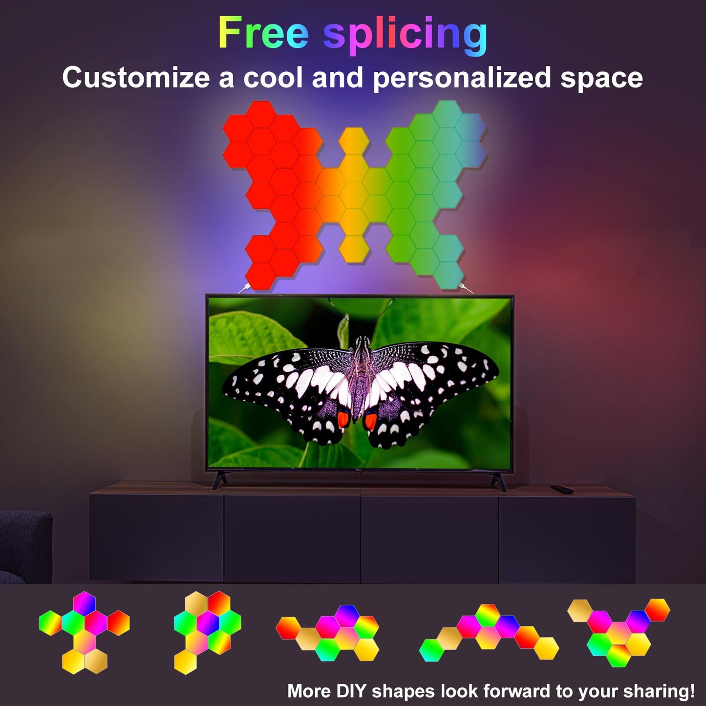 YEYIZU 8 Pack Hexagon Lights for Wall LED, That Sync with Music, APP & Remote Controls Hex Lights, RGB LED Wall Panels for TV, Bedroom, Living Room, Game Room Decor