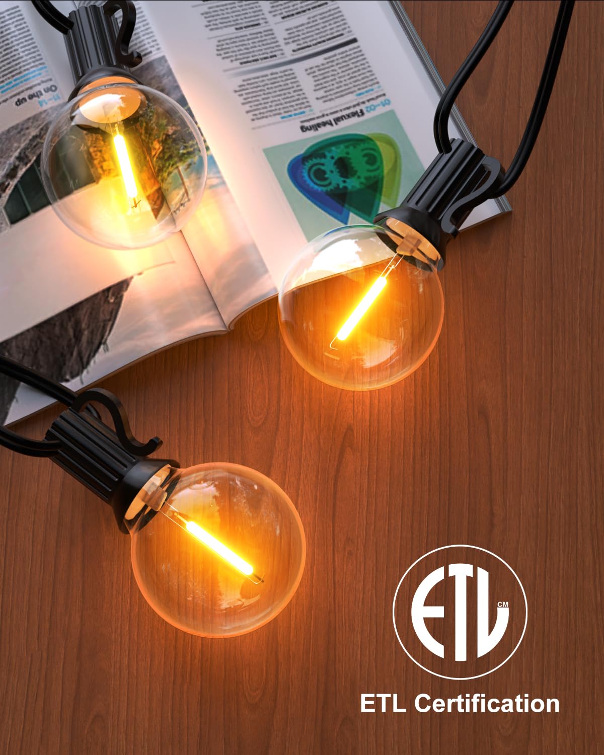 Gluroo Outdoor String Lights 30Ft Led Waterproof 15+1 Shatterproof Bulbs G40 Black Model O151 For Patio, Backyard, Camping, Garden