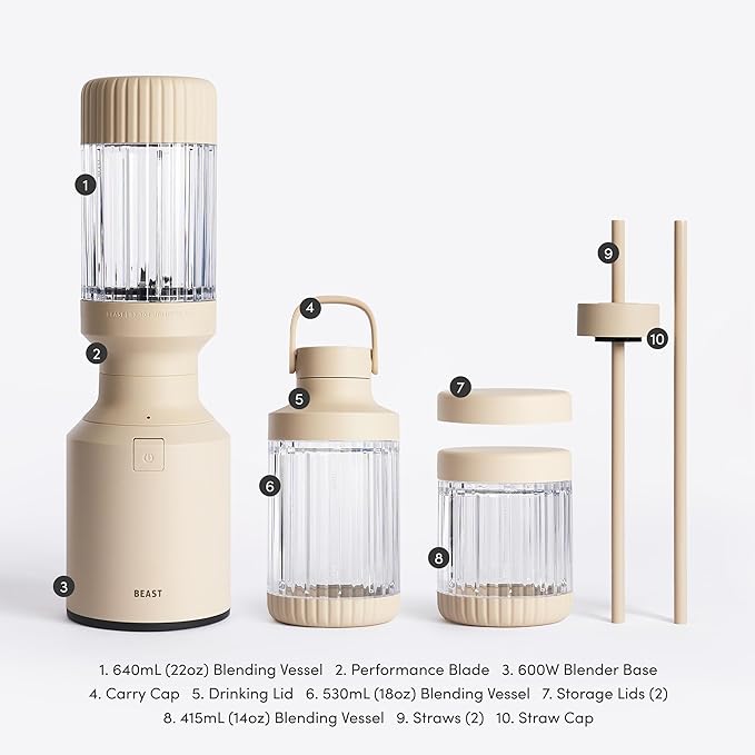 The Beast Mini Blender Plus | Mini Countertop Kitchen Blender | Blend Smoothies and Shakes, Dressings, Sauces, Dips | Extra Vessels, Straw Cap and Straws Included | 600W (Sand)
