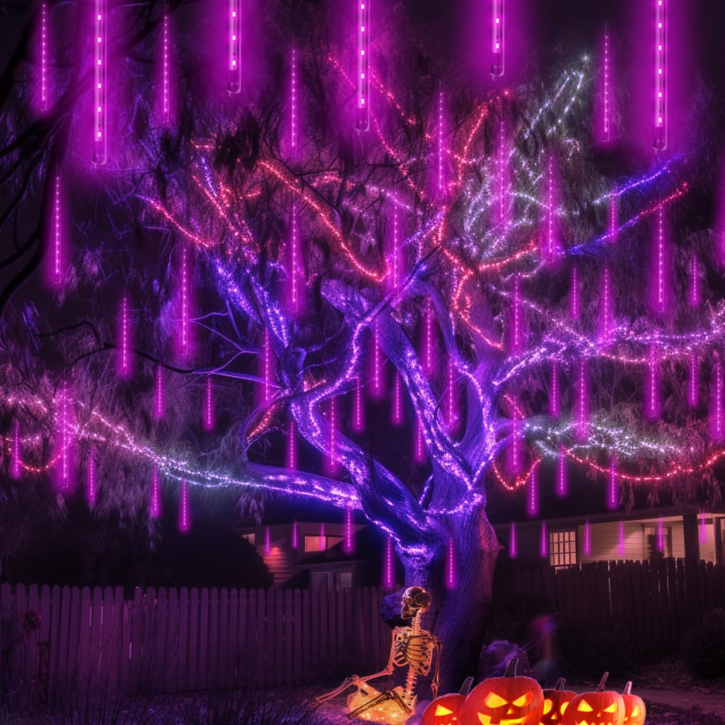 Aukora Led Meteor Shower Lights, 11.8In Purple Rain Drop Lights, 144 Leds For Xmas Party, Holiday, Garden Decoration