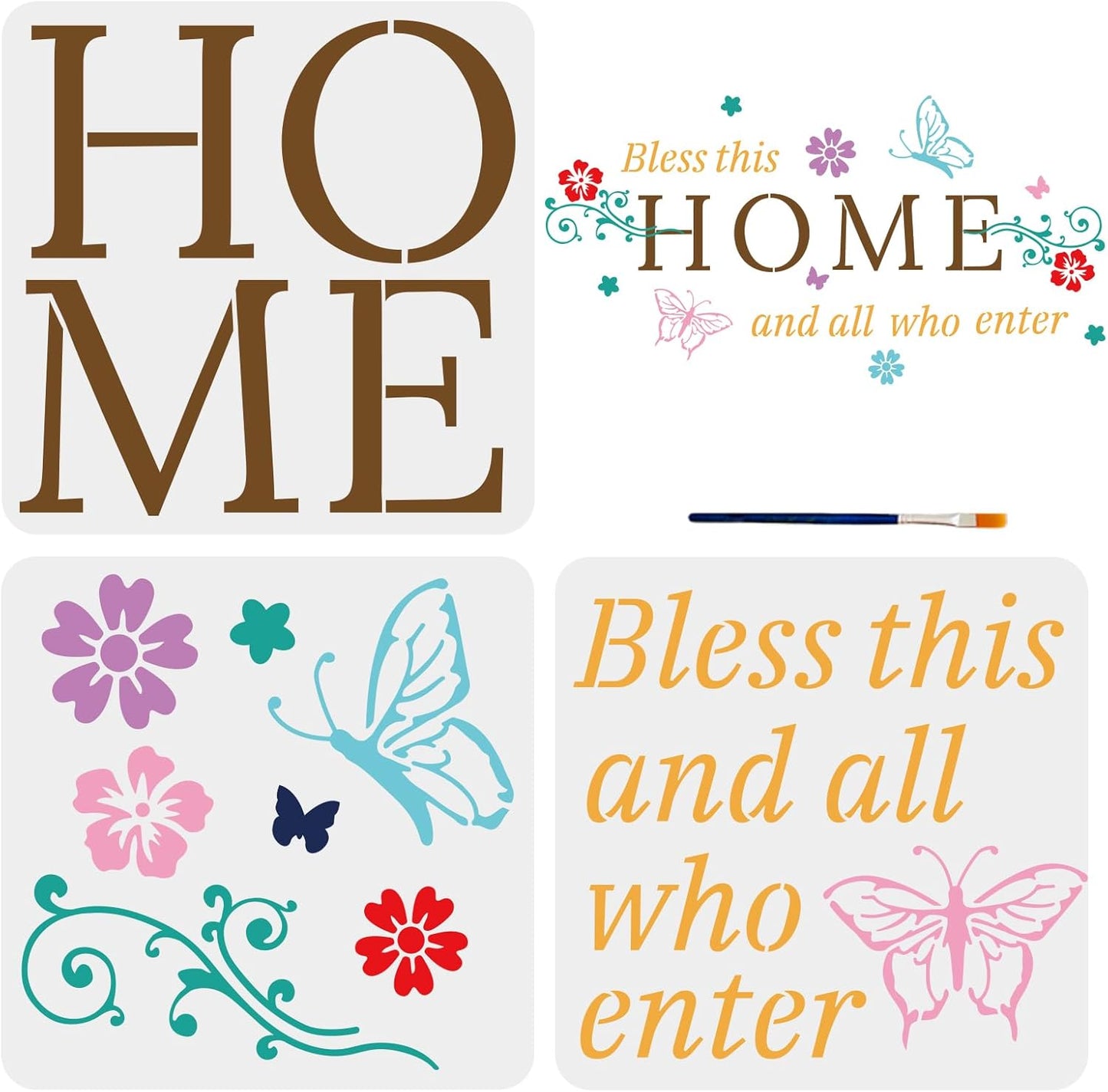 MAYJOYDIY 3pcs Welcome Words Stencils Home Sign Stencils Bless This Home and All who Enter Butterfly Flower Template Splicing Size 38.5×19.8inch with Paint Brush Room Front Door Wall Decor