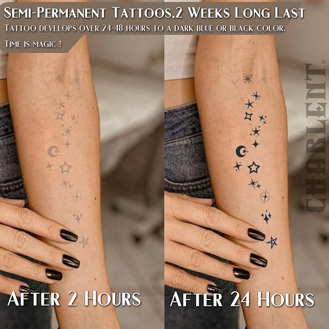 CHARLNET Stars Semi-Permanent Tattoos for Adult - 2 Weeks Long Last Small Fake Tattoos for Women Men Face Finger Neck Body/Fades Naturally/No Reflection/Waterproof/Realistic