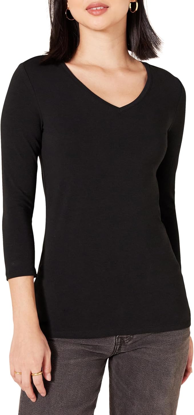 Amazon Essentials Womens Regular-Fit 3/4 Sleeve V-Neck T-Shirt (Available in Plus Size)