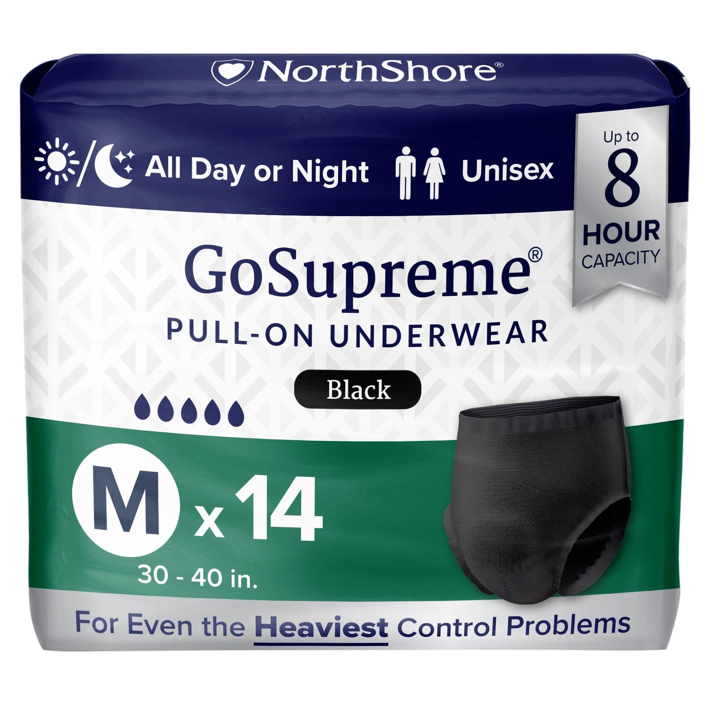 NorthShore GoSupreme Overnight Pull-On Underwear, 8-Hour Leak Protection, Medium, 14-Count Bag, Black, (30-40 in Waist), Unisex Adult Diapers