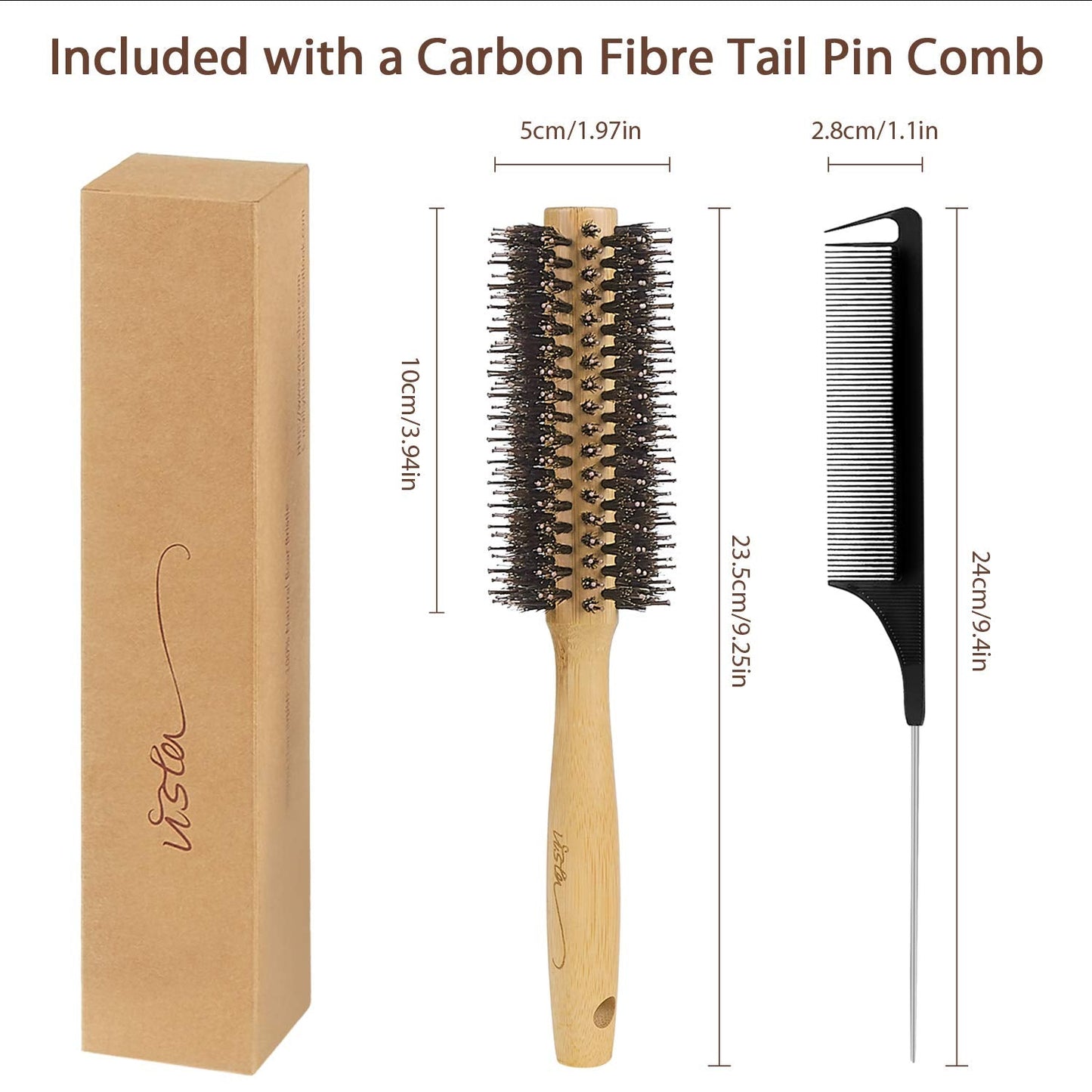 Vista Round Brush Bamboo with Pin Tail Comb Natural Boar Bristle Hair Brush Round for Blow Drying for Women Hairbrush for Wet or