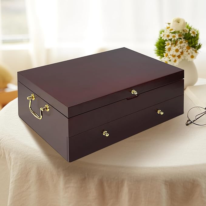 Silverware Storage Box Solid Wood with Lid, 2 Layer Silverware Storage Chest, 15.5'' ×11.5'' Silverware Organizer with Handle and Felt Lined, Chest for Flatware Setting Up 30