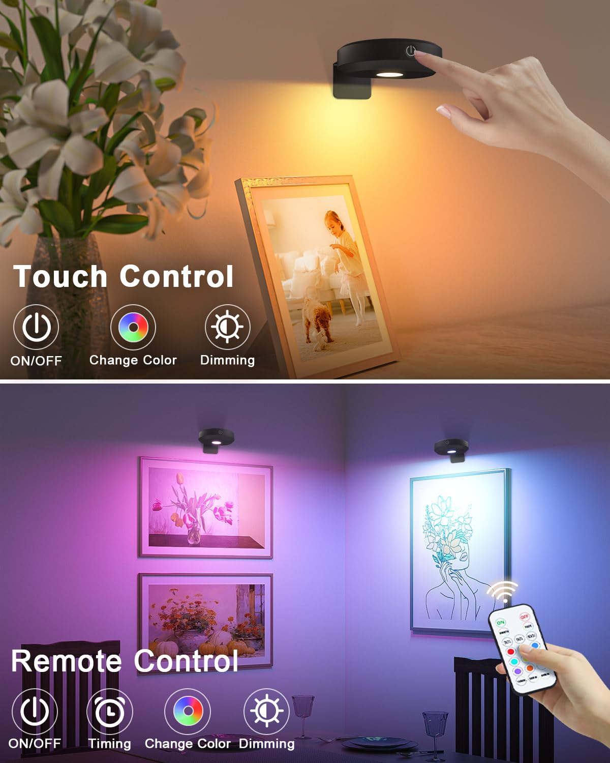 WILLED RGB Lights,Poster Lights,Battery Operated Rechargeable Picture Light,Puck Light with Remote,9 RGB Colors,Dimmable&Timer,Art Gallery Lighting,Display Lighting for Paintings Wireless
