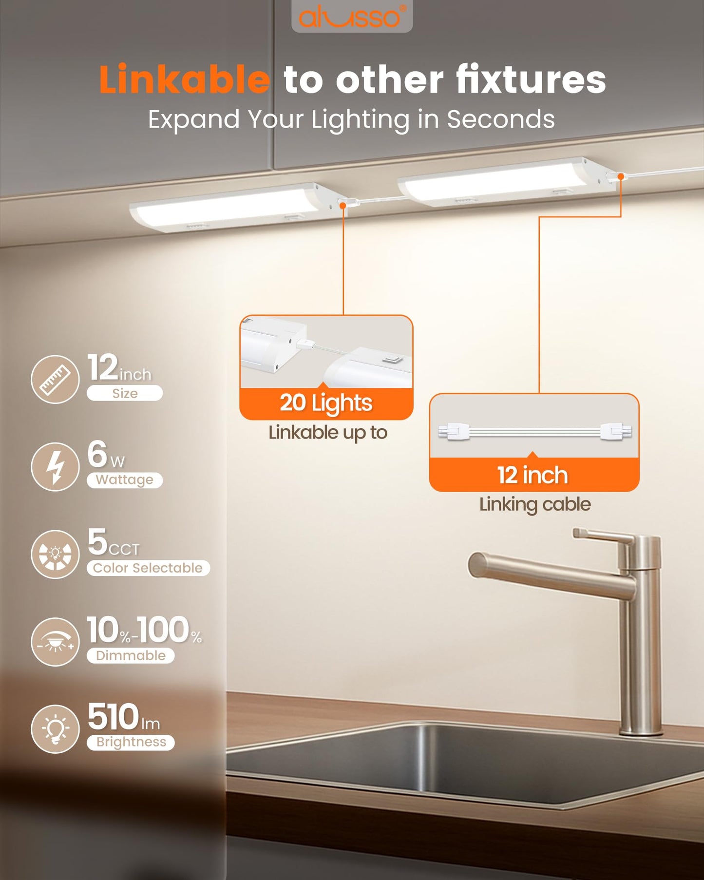 Alusso Lighting?12 Inch Led Under Cabinet Lighting Hardwired & Plug In  5Cct Color Selectable 2700K-5000K Dimmable 6W 510Lm High Brightness  Linkable Strip Under Counter Lights For Kitchen  2 Pack