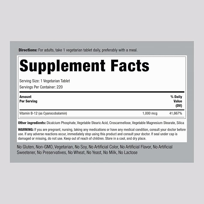 Piping Rock Vitamin B12 1000mcg | 220 Tablets | Non-GMO, Vegetarian & Gluten Free Supplement