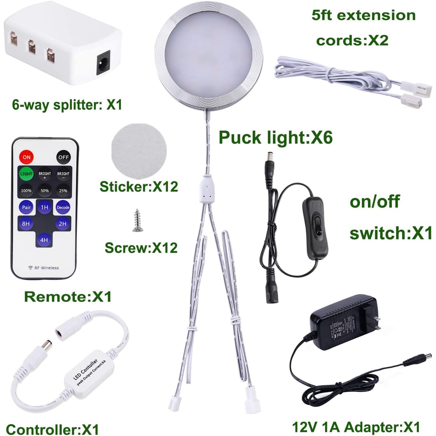 AIBOO LED Under Cabinet Lighting Kit, Dimmable Puck Lights, 12V, 6 Lights, Warm White, Aluminum, Model YK-300000197