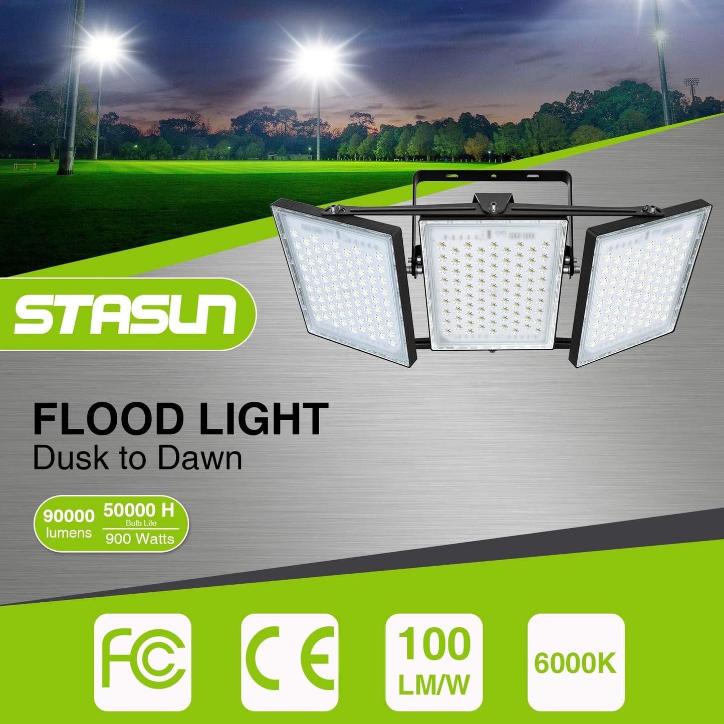 STASUN LED Flood Light - 900W, 90000lm, 6000K, IP66 Waterproof, Black, Model 21037