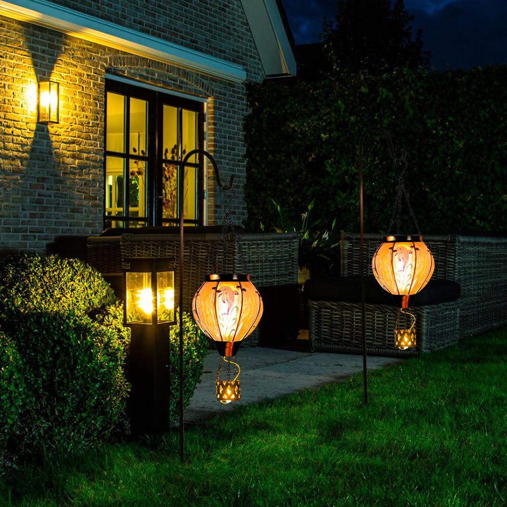 Yelenew Blue Dolphin Hot Air Balloon Solar Lantern With Flame Flickering Light Led Glass Hanging Solar Lanterns Outdoor Waterproof Hot Air Balloon Decor For Patio Yard Garden Mother Day Gift For Women
