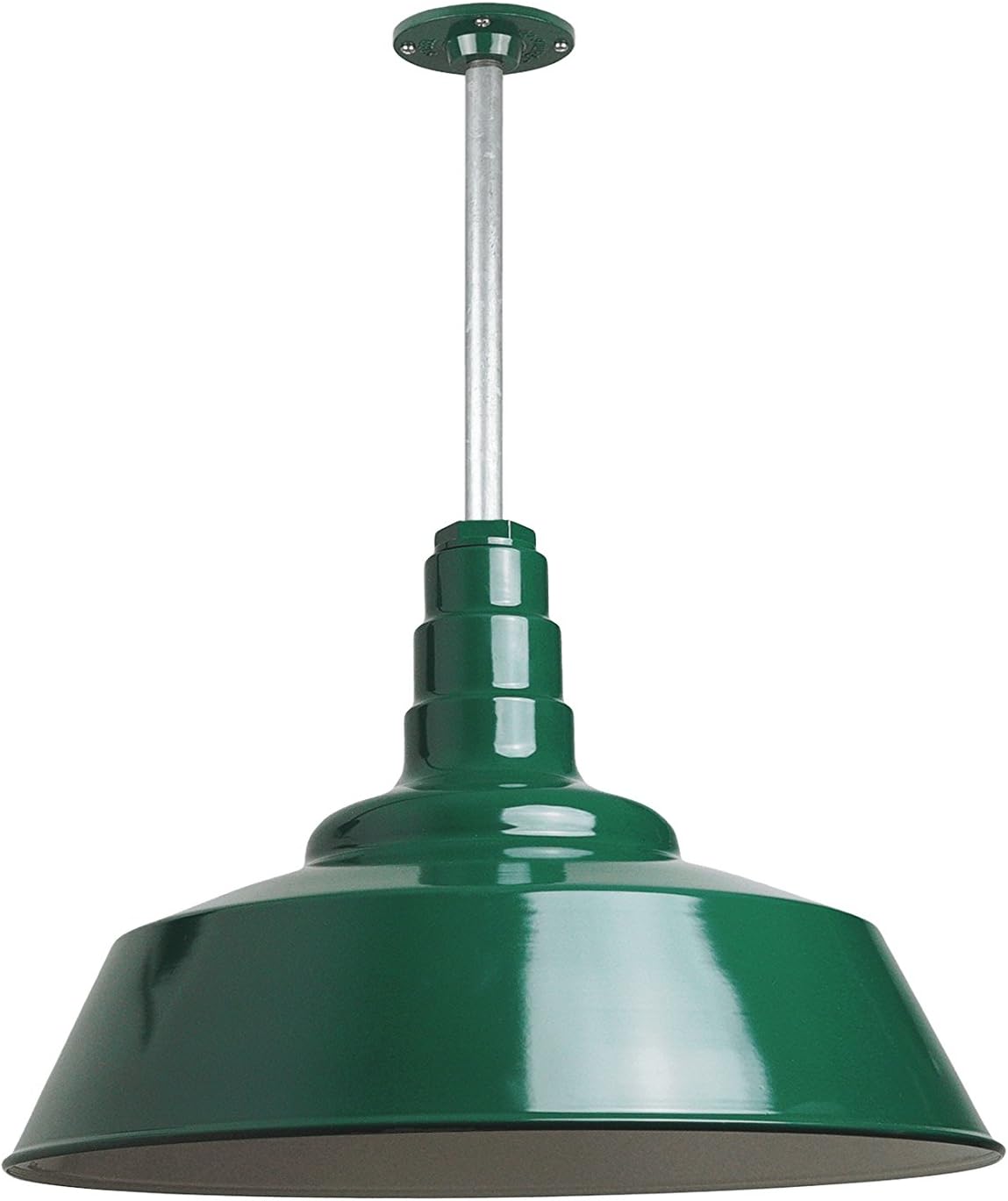 Steel Lighting Co. Manhattan Warehouse Light | Ceiling Mounted Pendant | 20 inch Dome | 12 inch Stem | Large Steel Barn Light Made in America | Green Exterior/White Interior