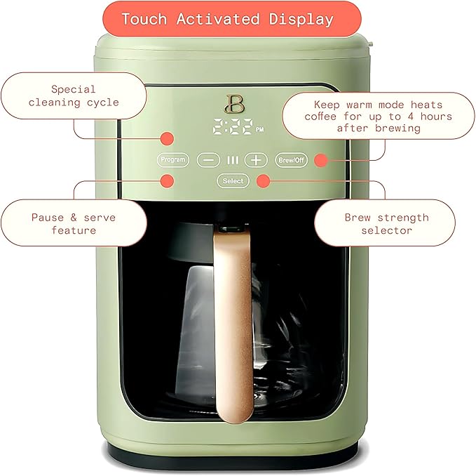 Beautiful Large Capacity 14-Cup Programmable Coffee Maker with 1-4 Cup Mode & Charcoal Filter by Beautiful (Sage Green)