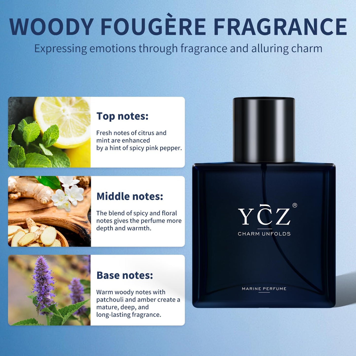 Ycz Midnight Marine Perfume for Men, 1.7 oz. Refreshing & Warm Masculine Scent for Daily Use Men's Casual Cologne Smell Fresh All Day A Gift for Any Occasion