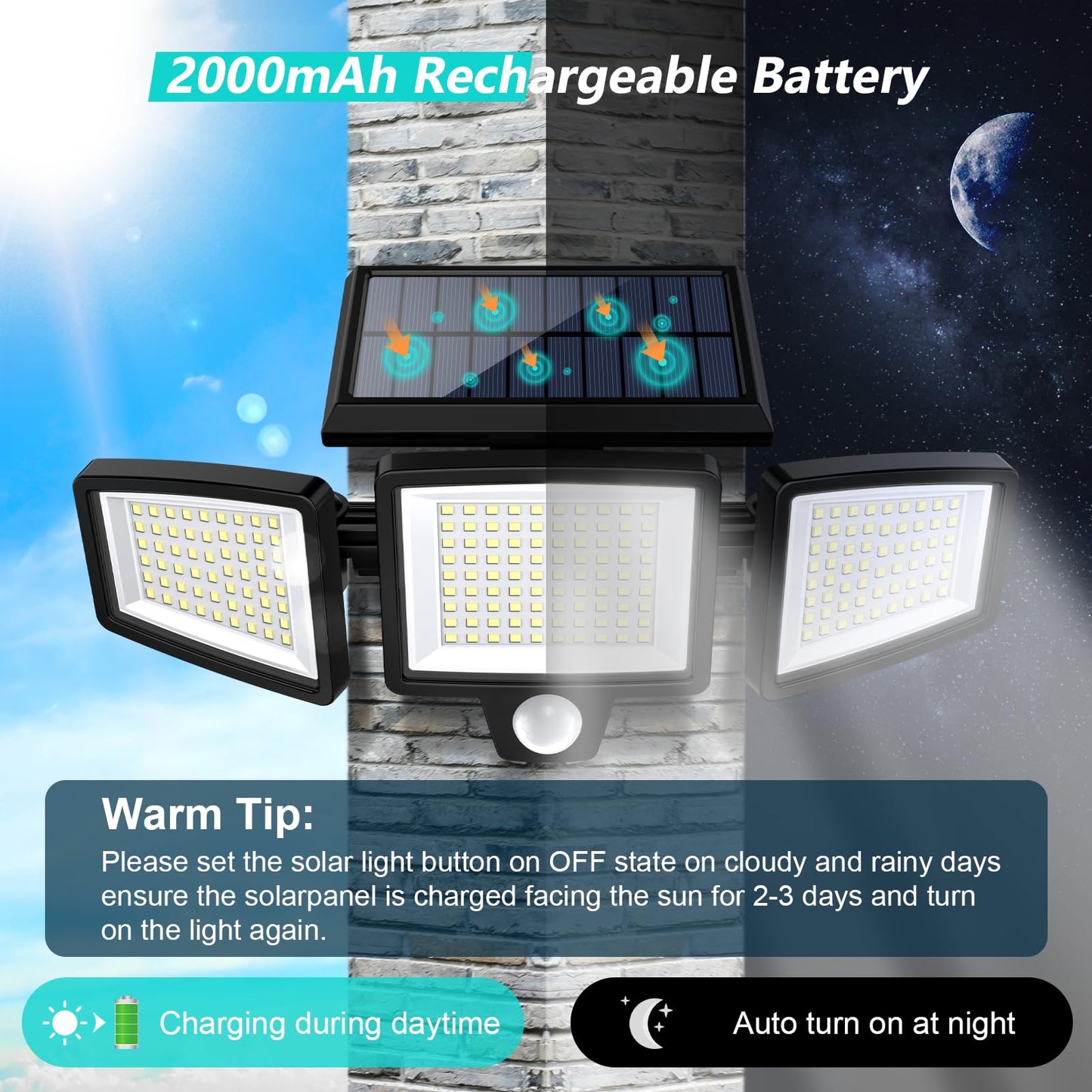 Tuffenough Solar Outdoor Lights 2500LM 210 LED Motion Sensor 3 Heads IP65 Waterproof 2 Pack Black Model 8330D-210R