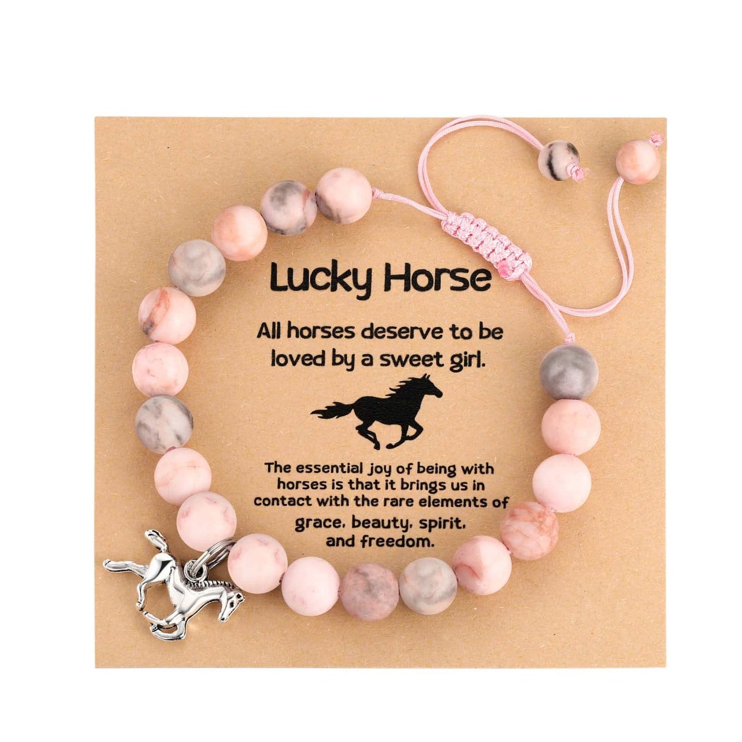 MIXJOY Horse Jewelry, Pony Charm Pink Rope Braided Beads Natural Stone Bracelet for Horse Lovers, Teens Horseback Riding Equestr
