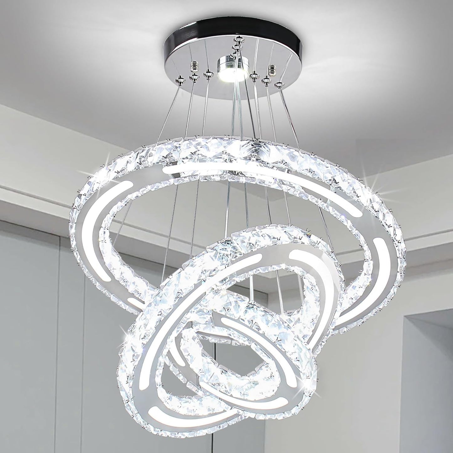 Cxgleaming Led Chandeliers Modern Ceiling Light Fixture 3 Rings Adjustable Crystal Pendant Light Fixture Ceiling Hanging For Living Room Dining Room Bedrooms Hall 250Mm Base 209 Crystals (Cool White)