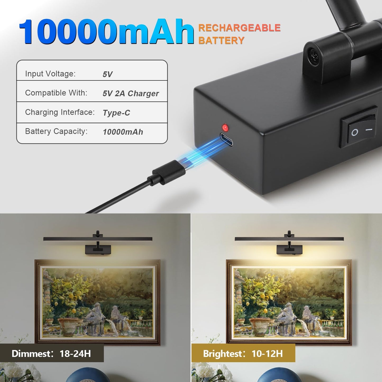 Wireless Picture Lights For Wall Battery Operated  Black Art Lighting For discomfort-reducingtings Rechargeable Gallery Lights With Remote And Timer 3Cct Dimmable discomfort-reducingting Lights For Artwork Portrait 23.62 Inch