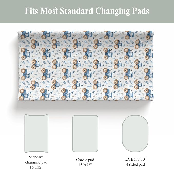 Watercolor Blue Tractors Baby Changing Pad Covers for Boy Girl Farm Tractors Boho Leaves Fitted Change Table Mats Farm Life Soft Diaper Change Table Cover Sheets for 32''×16'' Contoured Pad