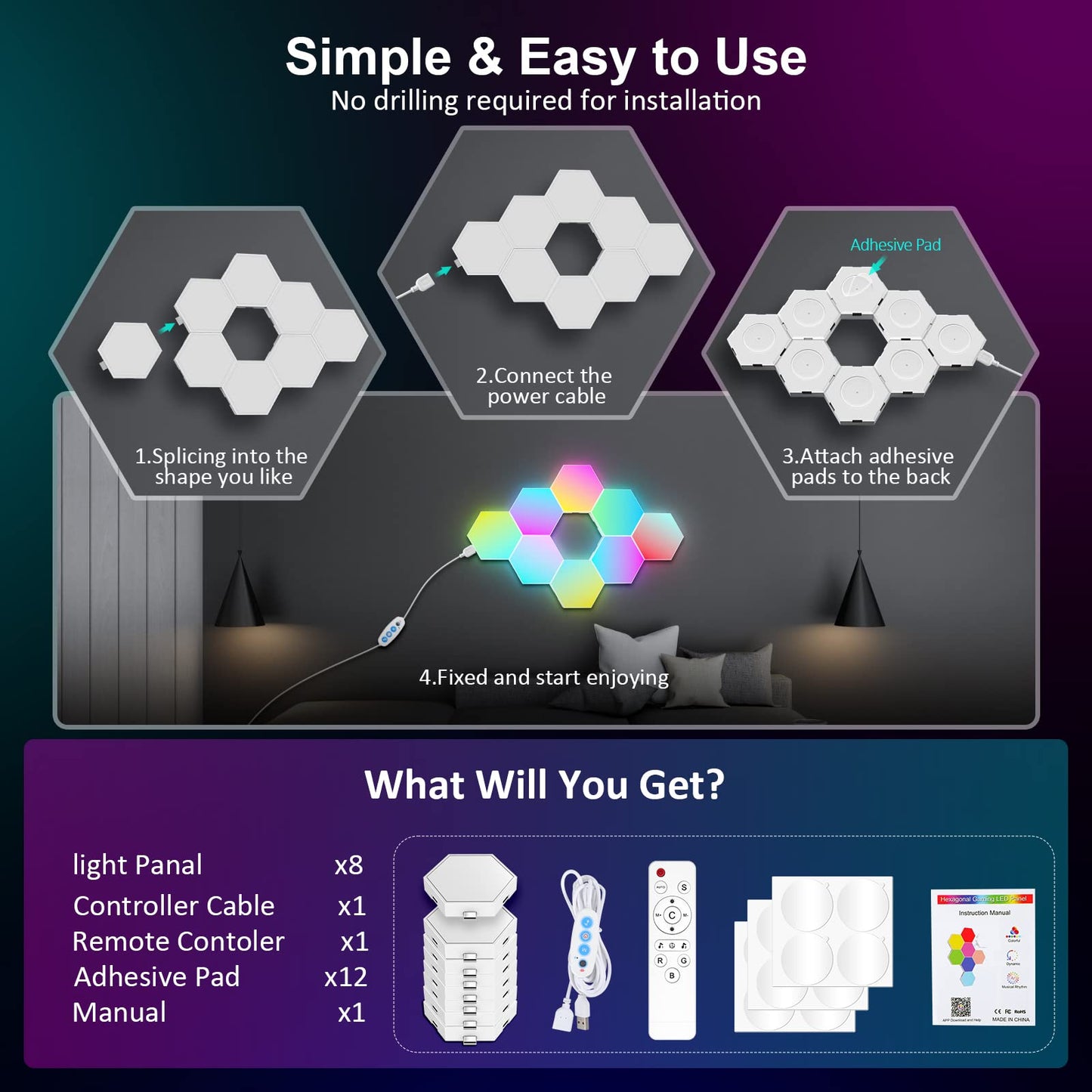 OJQ 8 Pack Hexagon Lights Wall RGB Panel - Hexagonal Led Lights Room Decor Wall Lights Smart APP Music with Sync Honeycomb Shape Panels Hexagon Gaming Night Lights for Bedroom Children