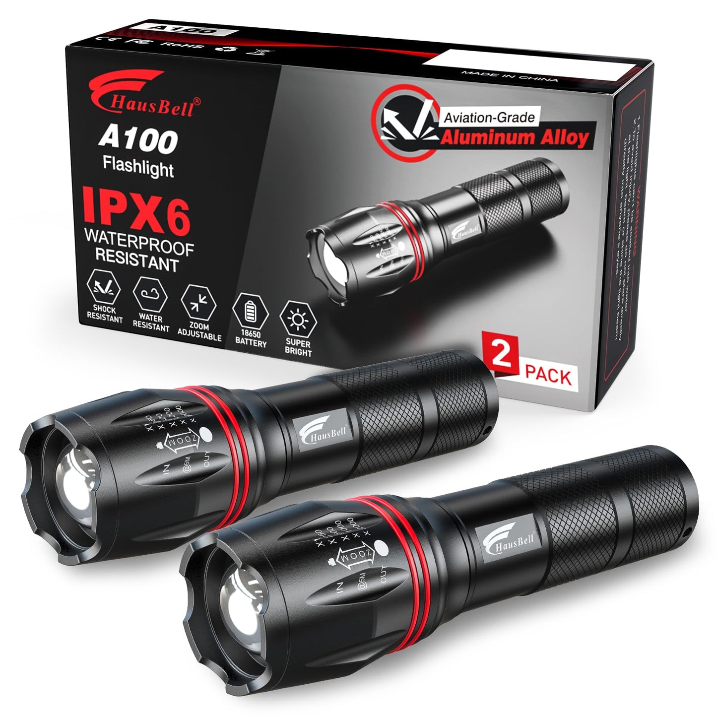 Hausbell A100 Led Flashlights - Waterproof, Zoomable, 5 Modes, 2 Pack, Black, Aluminum