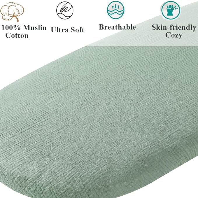 Muslin Bassinet Sheet Compatible with Dream On Me Poppy,Delta Children Sweet Dreams,Sweet Beginnings,Sweet Slumber Bedside Bassinet, 2 Pack Cotton Fitted for Baby Roman Green & Botanical Leaf