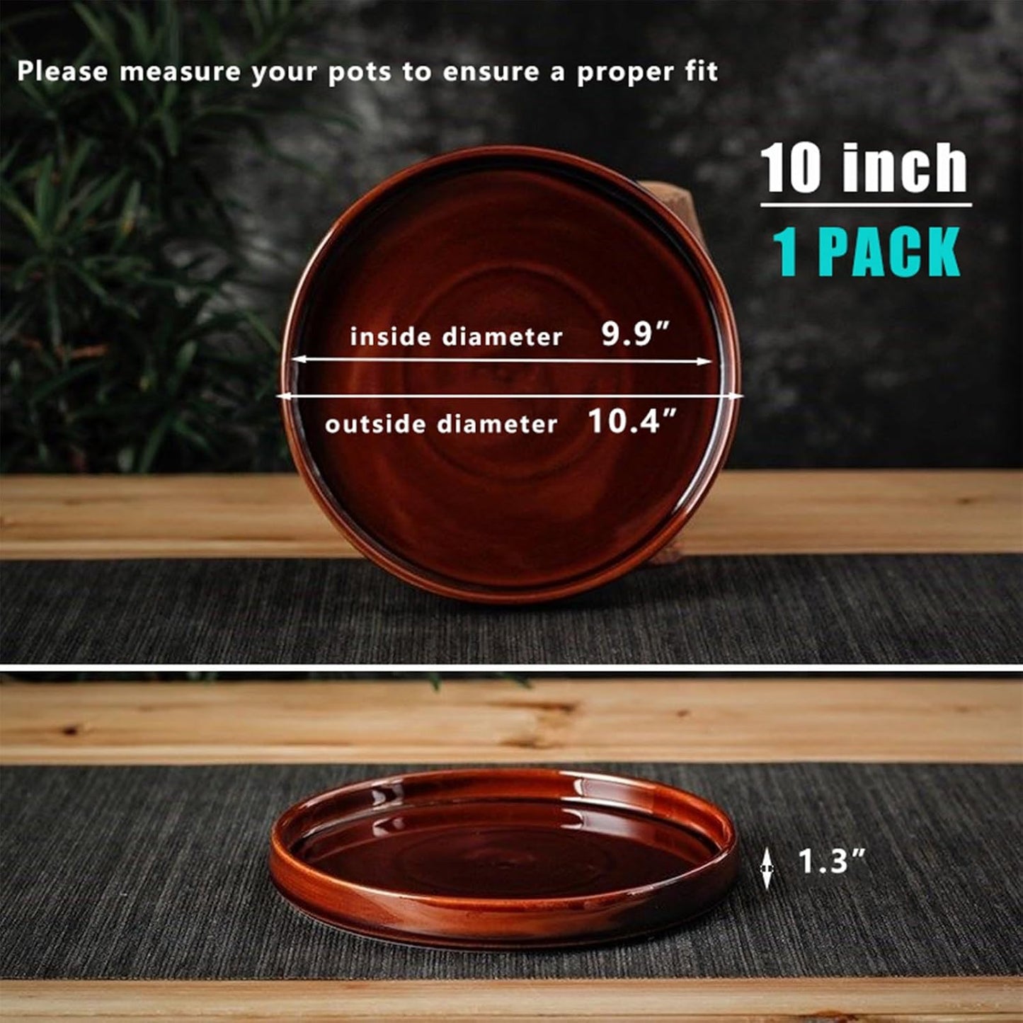 Ceramic Plant Saucer 10 Inch, Round Plant Trays for Indoors/Outdoors, Flower Pot Saucers for Holding Water Drips and Soil, Ceramic Drainage Tray for Plant Pot (Brown)