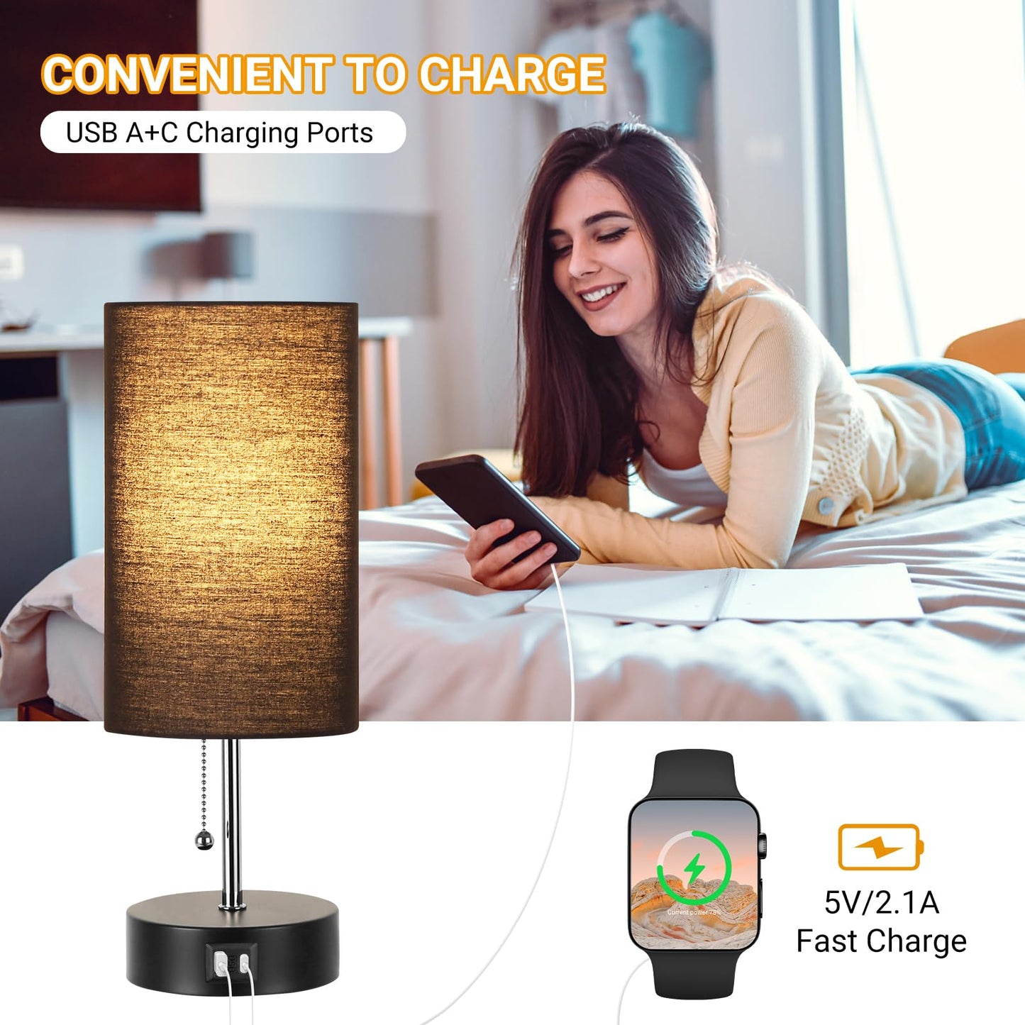 ROTTOGOON Bedside Lamp with USB A & C Ports, LED Bulb, Metal, Black, Model H-philwin-061