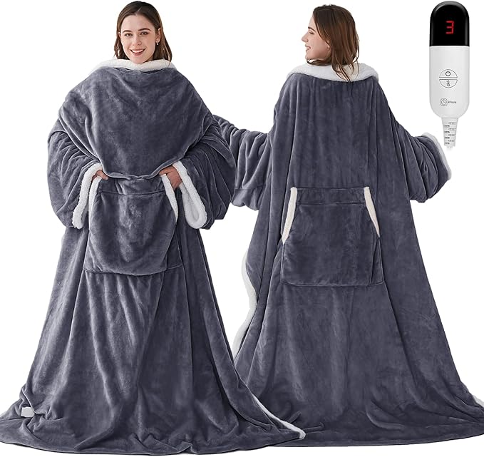 Wearable Heated Blanket with Foot Pockets, Electric Wearable Throw Blanket with Sleeves, Wearable Electric Blanket with 6 ...