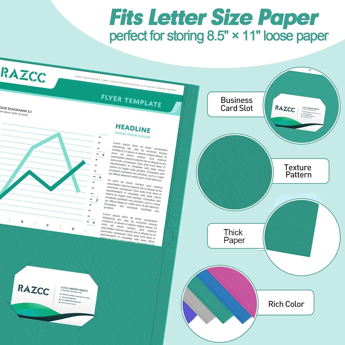 50 Pack 2 Pocket Folders - Fit Letter Size Paper, Assorted 5 Colors