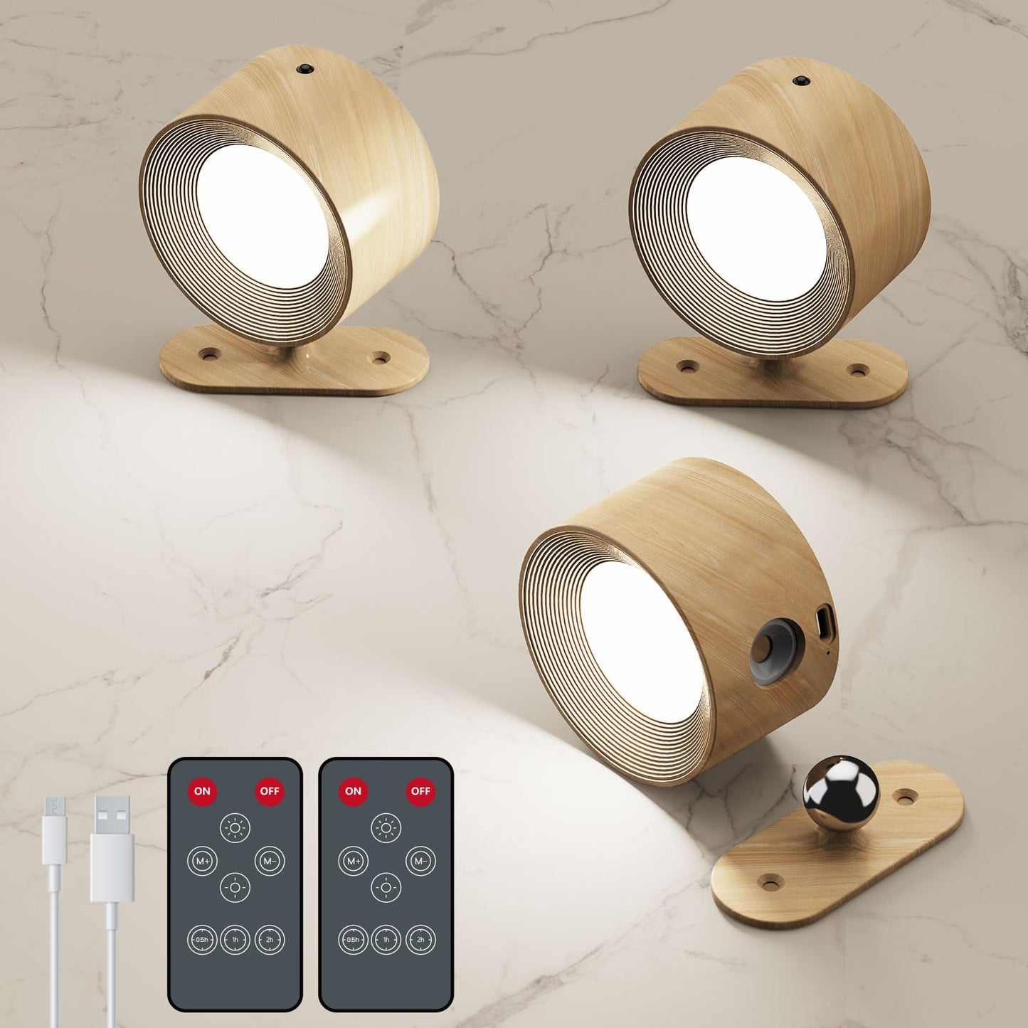 Aksda 3Pack Battery Operated Wall Sconce  3 Color Modes 3 Brightness Levels 360?Otation Lighting Timer Touch & Remote Control  Wall Mounted Lamp Led Wall Lights For Bedroom Reading Bedside (Wood)
