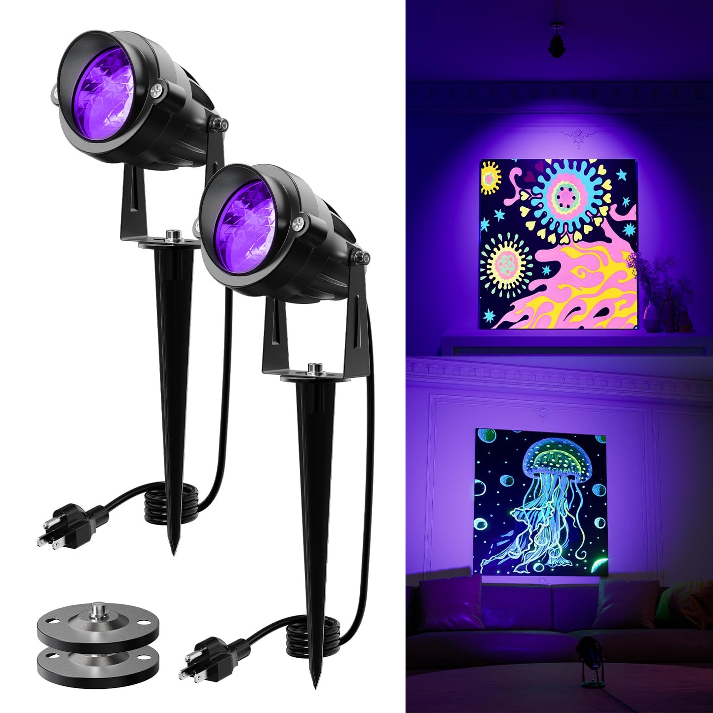Uv Spotlights For Halloween Decorations 120V Outdoor Landscape Waterproof Blacklights Light Up Skeleton  Spider Web  Tombstones  Ghost  House  Plug-In Purple Spot Light Lighting House  Yard  Garden