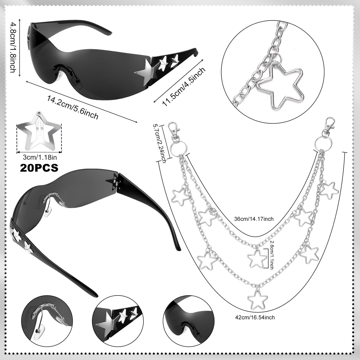 Y2k Accessories Set Included Star Y2k Silver Necklace Grunge Layered Necklace Hip Hop Pants Chain Y2K Sunglasses Star Hair Clip Y2k Silver Hair Clips Vintage Jewelry Set