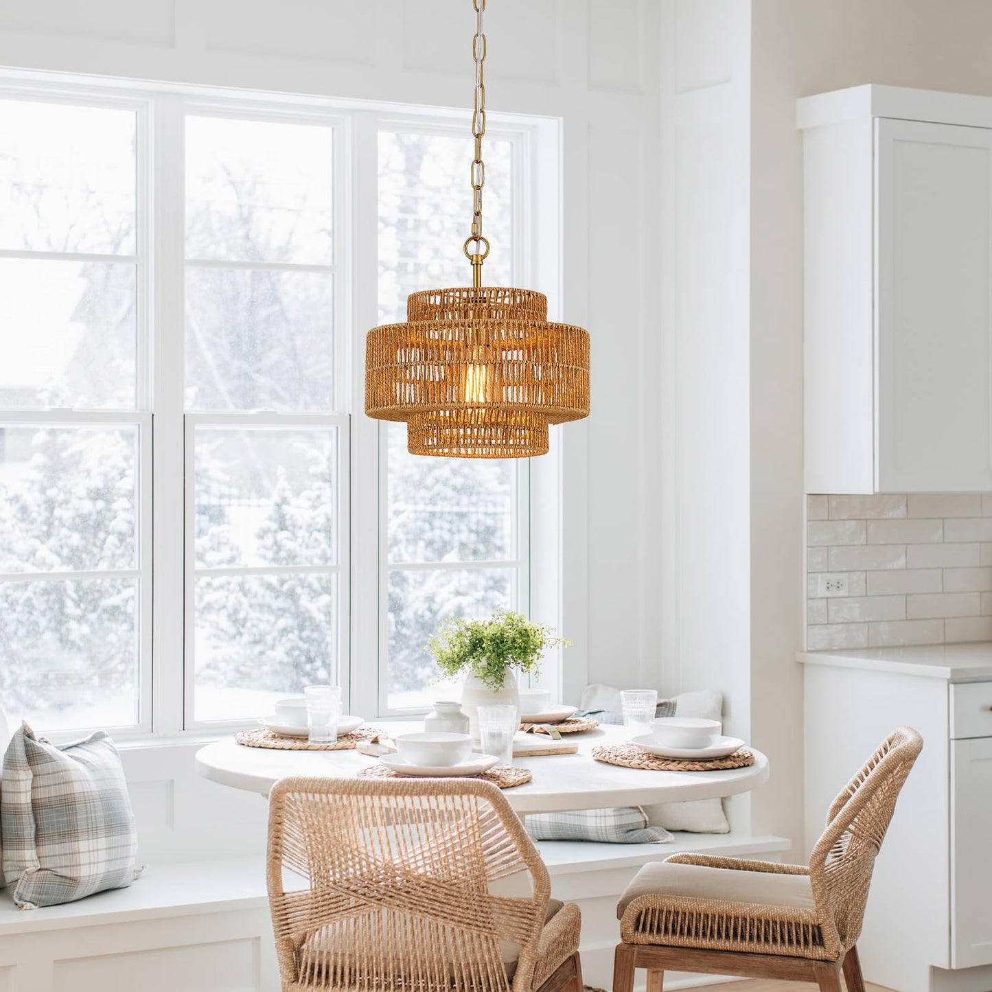 Tunkayli 12.6 Rattan Pendant Light Fixture Vintage Farmhouse Hand-Woven Boho Bamboo Pendant Lighting Mini Drum Wicker Golden Chandelier For Kitchen Island  Bedroom  Dining Room  Entryway  Foyer