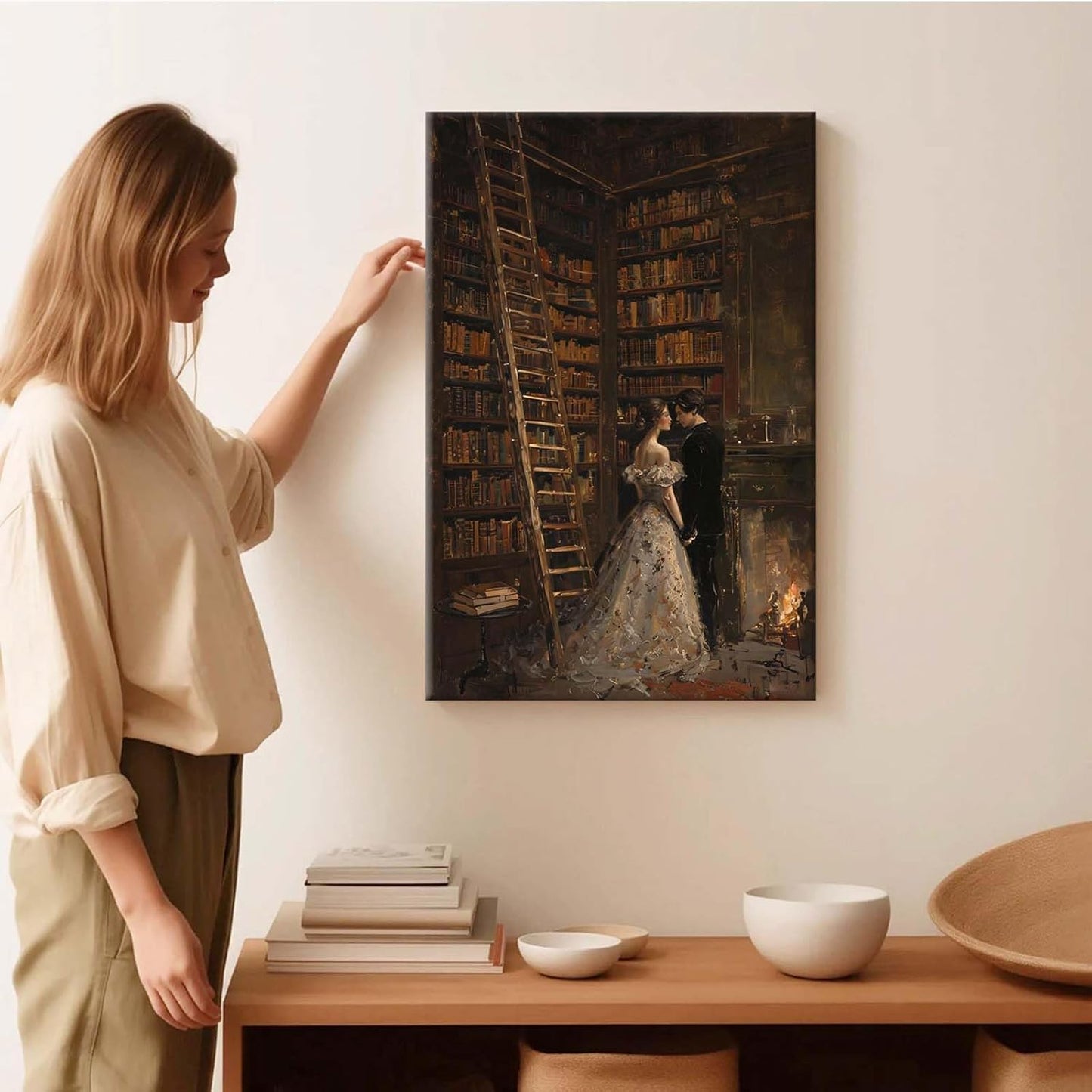 Gothic retro library scene decoration melancholy calm art college style wall aesthetic antique style home decoration suitable for bedroom living room20x30in Wood Framed