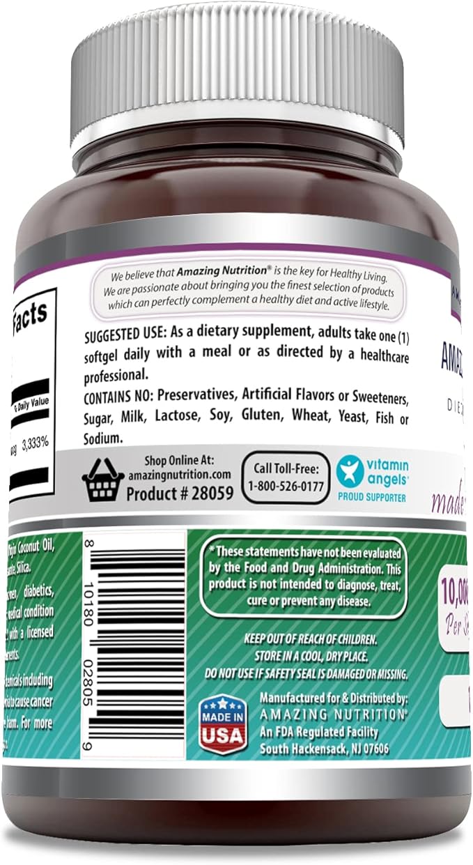 Amazing Formulas Biotin with Extra Virgin Organic Coconut Oil Supplement | 10000 Mcg | 120 Softgels | Non-GMO | Gluten-Free | Made in USA