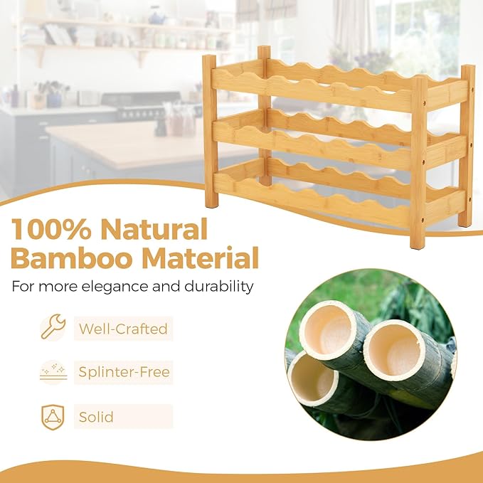 COSTWAY 3-Tier Bamboo Wine Rack, 18-Bottle Tabletop Wine Holder with Wave Slot, Freestanding Countertop Wine Bottle Organizer for Kitchen, Pantry, Pub & Wine Cellar, Natural (24.5L x 9.5W x 15H)