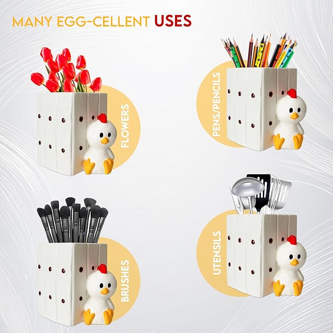 Chicken Utensil Holder | Kitchen Crock Storage | Chicken Stuff Print Accessories Decoration | Cute Chicken Gifts for Women | Gallina Pollo Animal Rooster Decor | Countertop Chick Stuff Vase