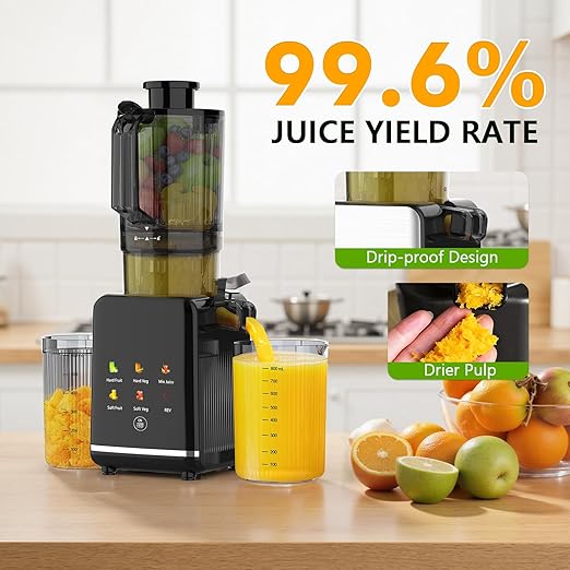 Cold Press Juicer, 4.35" Large Feed Chute Electric Juicer Machine High Juice Yield Slow Masticating Juicer for Whole Vegetables & Fruits, Easy Assemble & Cleaning