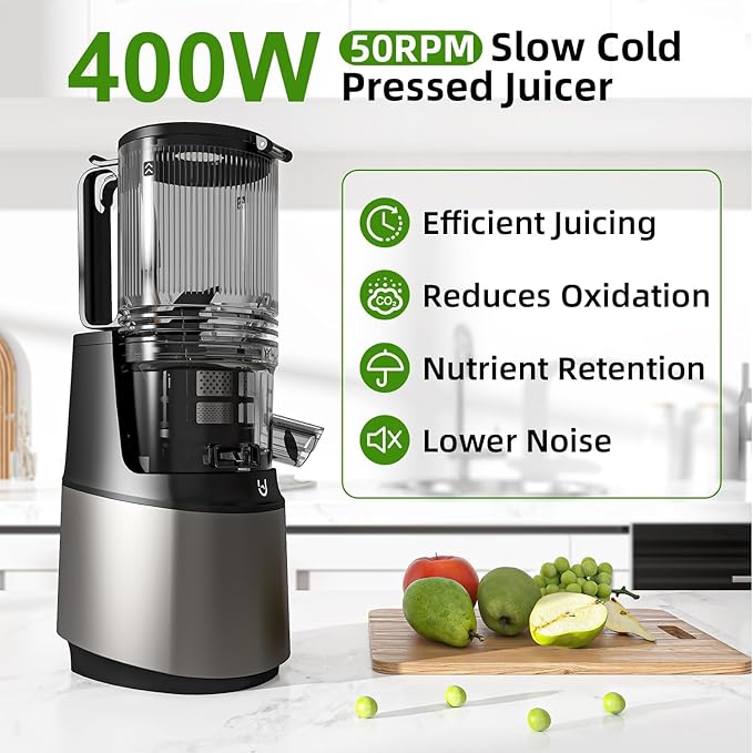 Cold Press Juicer, 5.8" Wide Feed Chute Juice Extractor Machine with 400W, High Juice Yield, Slow Masticating Juicer for Whole Vegetables & Fruits, Grey