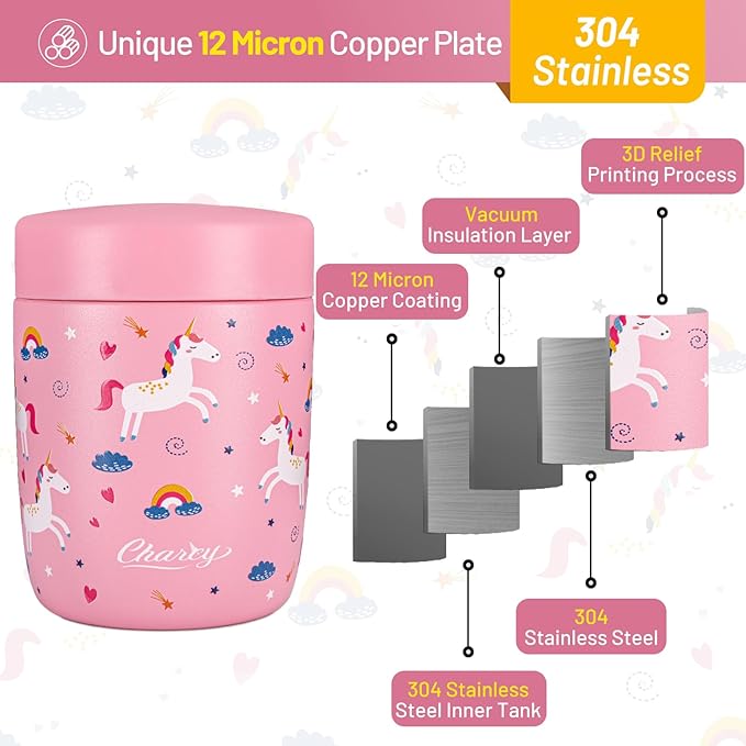 Charcy 9oz Stainless Steel Vacuum Insulated Kids Food Jar - Soup Thermo for Hot & Cold Food - Pink Unicorn W