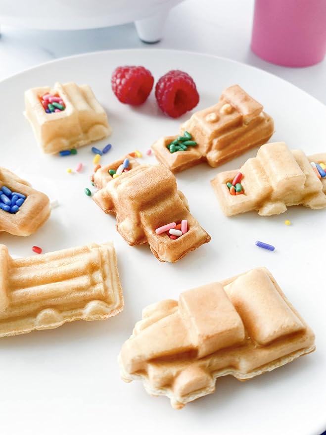 Construction Trucks Mini Waffle Maker- Make 7 Different 3D Vehicle Shaped Pancakes Feat a Bulldozer Forklift & More- Electric Nonstick Pan Cake Car Waffler Iron w Recipe Guide, Fun Kids Treat or Gift