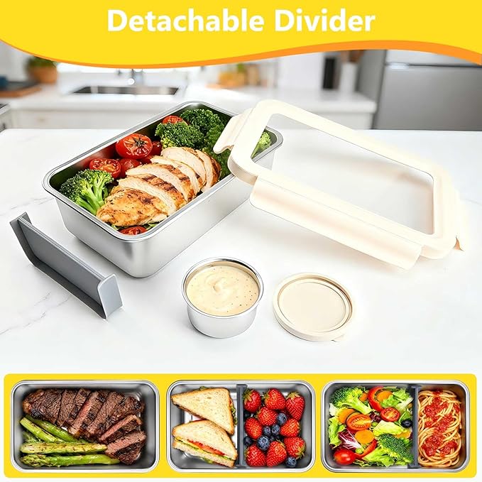 YINGRACE Stainless Steel Lunch Box Container for Adult, 42oz/1250ml Leak Proof Bento Box, Microwave-Safe with Removable Divider, Clear Airtight Lid Lunchbox for Work, Hike, Travel, Silver