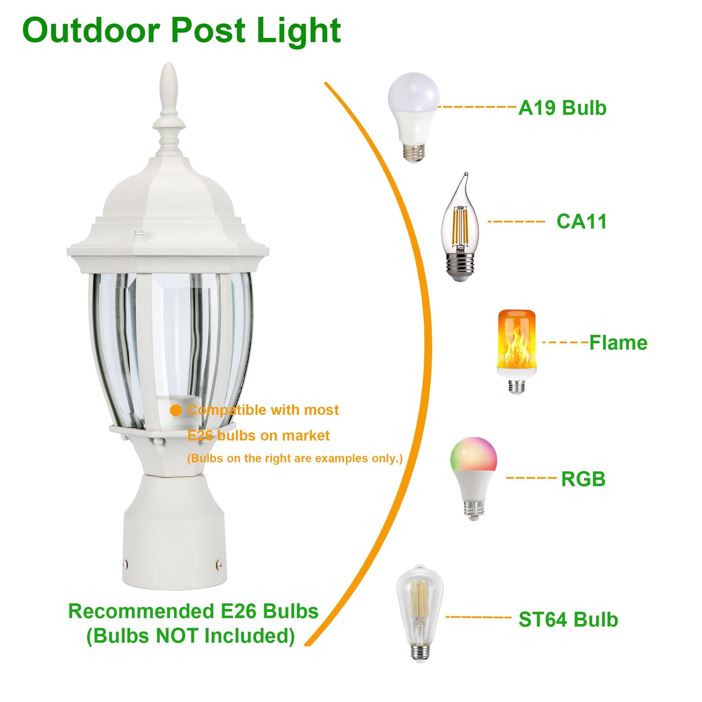 LIT-PaTH Outdoor Post Light Lantern Fixture, Aluminum, E26 Base Max 60W, Matte White Finish, Model LT-PL001, 1-Pack