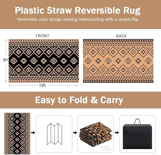 LILIOFFIC Outdoor Rug Waterproof 9x12 ft Outdoor Carpet Patio Rug Mat Reversible RV Camping Rug Plastic Straw Rug Outside Outdoor Area Rug for Patio Deck Balcony Backyard Picnic Beach